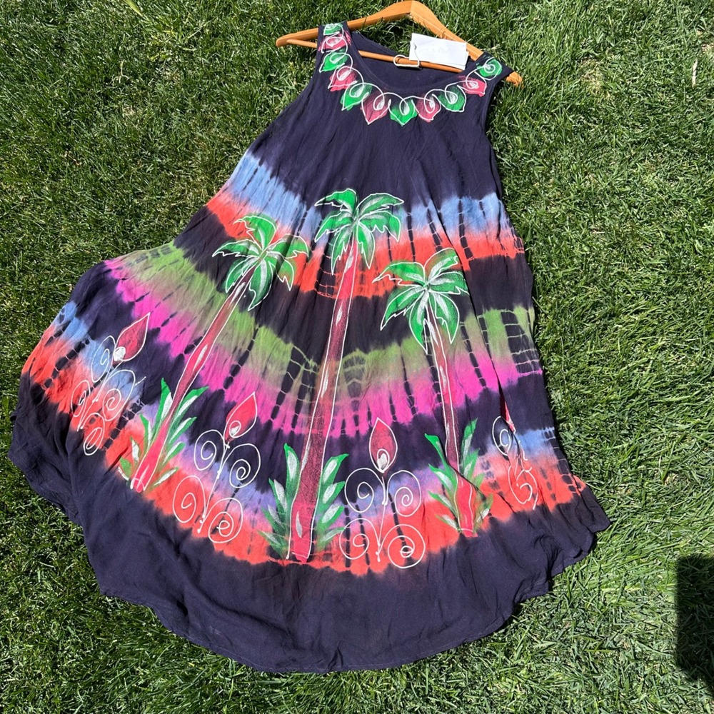 Exist Hand-Dyed Rayon Maxi Dress Multi Palms One Size New